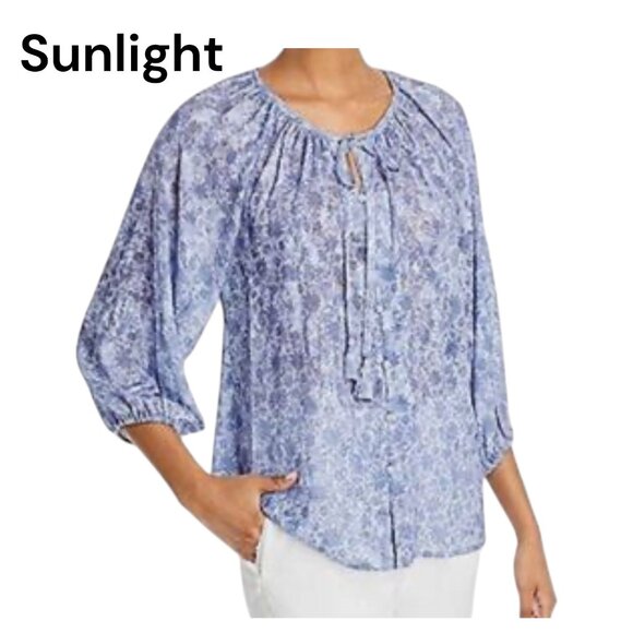Cupio Womens Dusty Blue Floral Blouse Size L Reglan 3-4 Sleeve Tazzel Tie Front - Picture 1 of 11